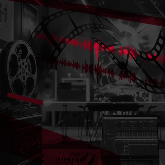 A film reel intertwined with musical notes in a vibrant studio setting, showcasing the synergy of music and visual storytelling.
