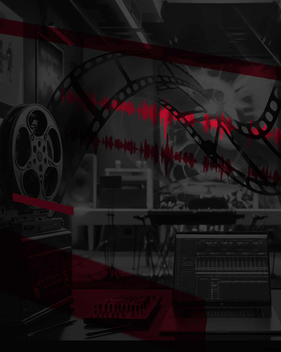 A film reel intertwined with musical notes in a vibrant studio setting, showcasing the synergy of music and visual storytelling.